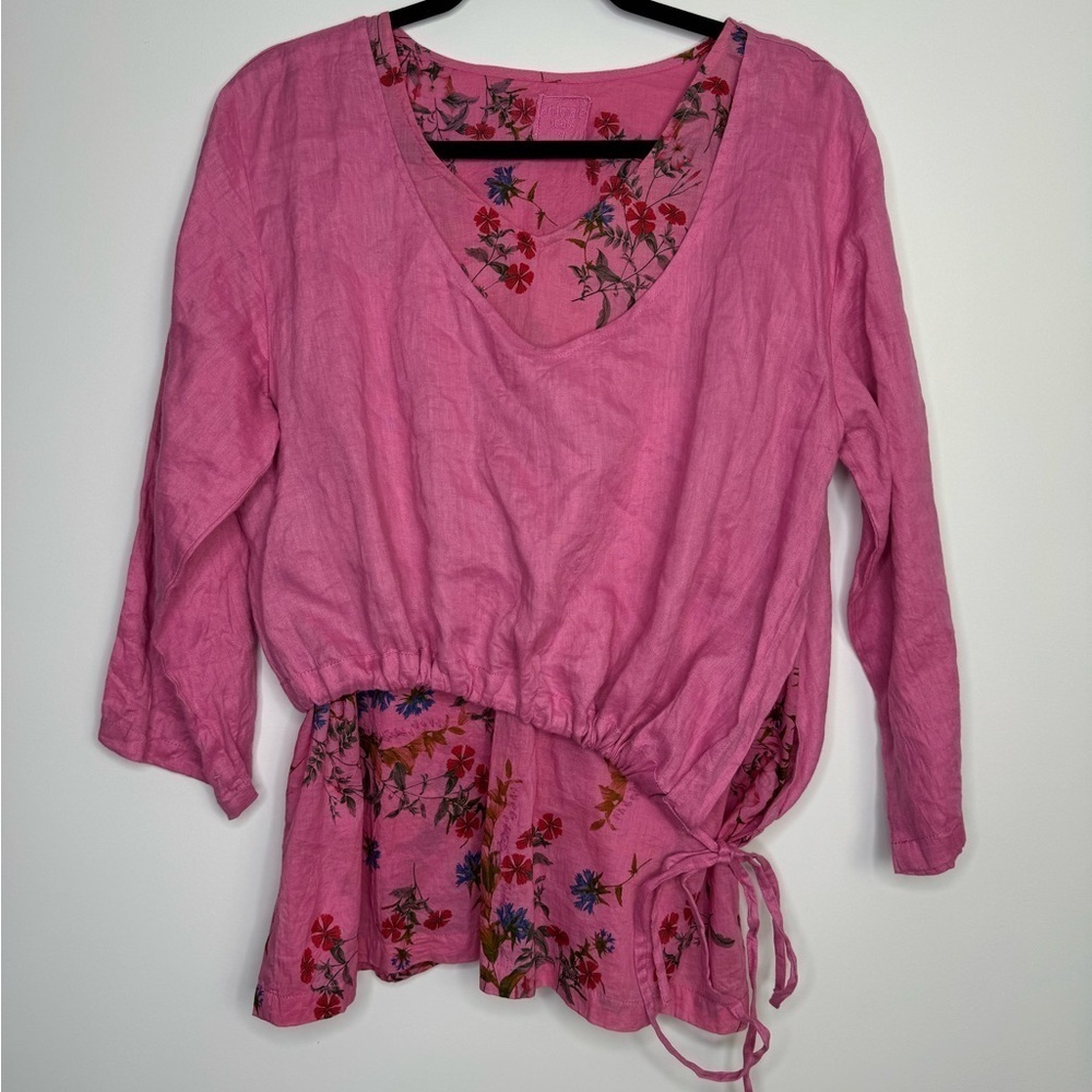 Animale pink mix media drawstring asymmetrical linen top size medium